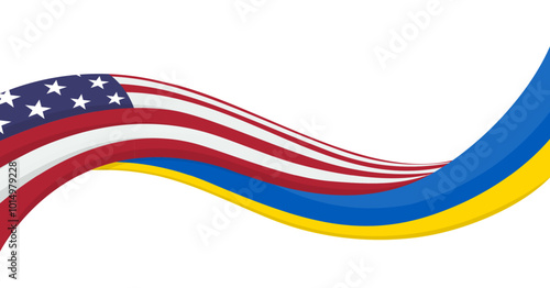 Wavy ribbon banner of Ukraine National flag with USA National Flag. Unity and cooperation symbol. Logo for charity social events, NGO, sports team, peace summit. Vector illustration.