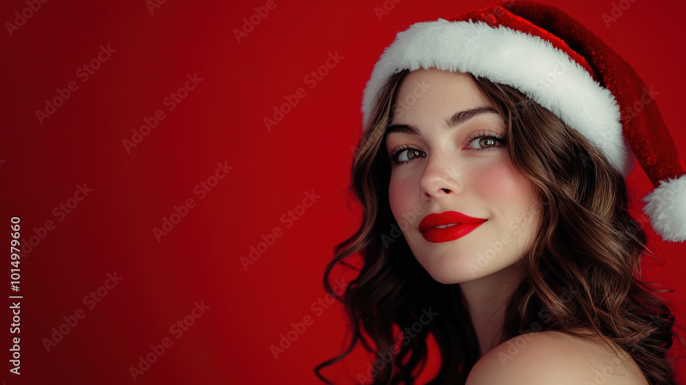 Portrait of beautiful young woman wearing red Santa hat and celebrating Christmas