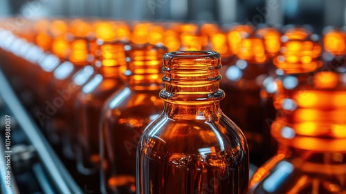 Glass Manufacturing, Amber Glass Bottles Being Formed and Shaped on Production Line in Glass Manufacturing Facility