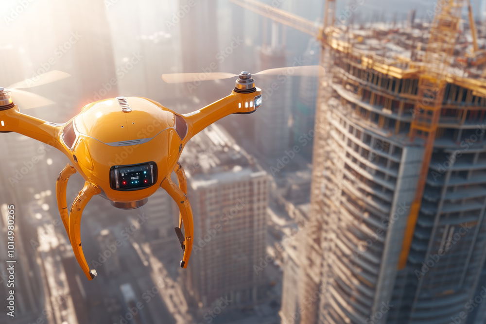 A yellow drone surveys a high-rise construction site during the day A yellow drone surveys a high-rise construction site during the day