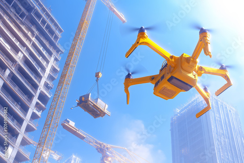 Construction site with a yellow drone transporting materials under blue sky