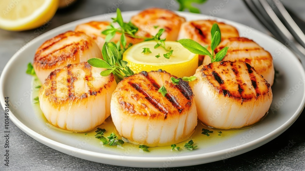 Grilled scallops served with a lemon butter sauce and fresh herbs, grilled scallops, gourmet appetizer Grilled scallops served with a lemon butter sauce and fresh herbs, grilled scallops, gourmet appetizer