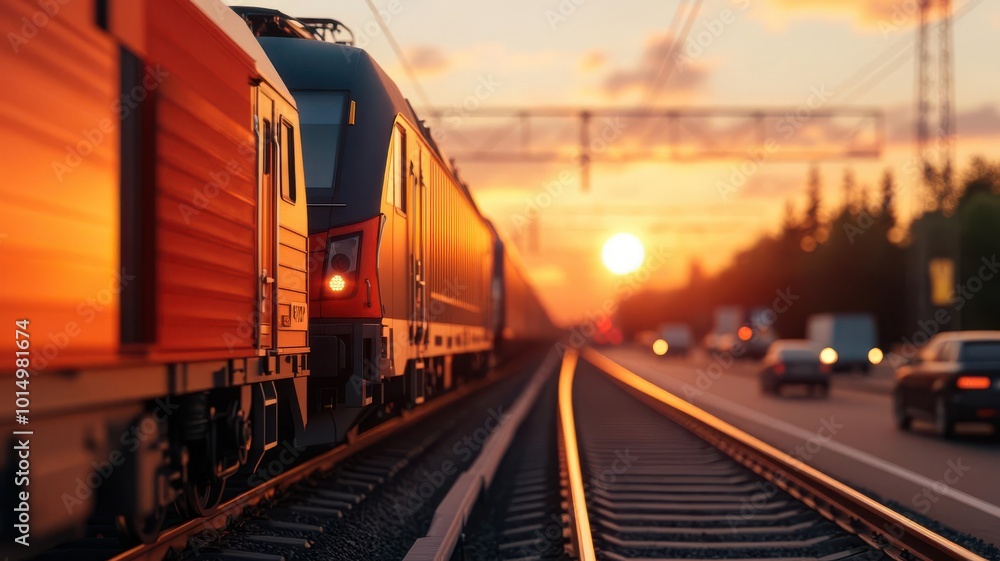 Highway runs parallel to a railway track, with a train passing by as the sun sets, captured in 8K resolution The scene is rendered with ultrarealistic detail and perfect focus Highway runs parallel to a railway track, with a train passing by as the sun sets, captured in 8K resolution The scene is rendered with ultrarealistic detail and perfect focus