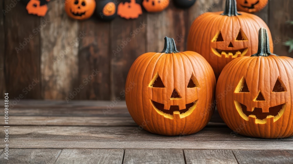 Trio of carved pumpkins with friendly faces, sitting on a rustic wooden porch, Halloween decorations in the background Trio of carved pumpkins with friendly faces, sitting on a rustic wooden porch, Halloween decorations in the background