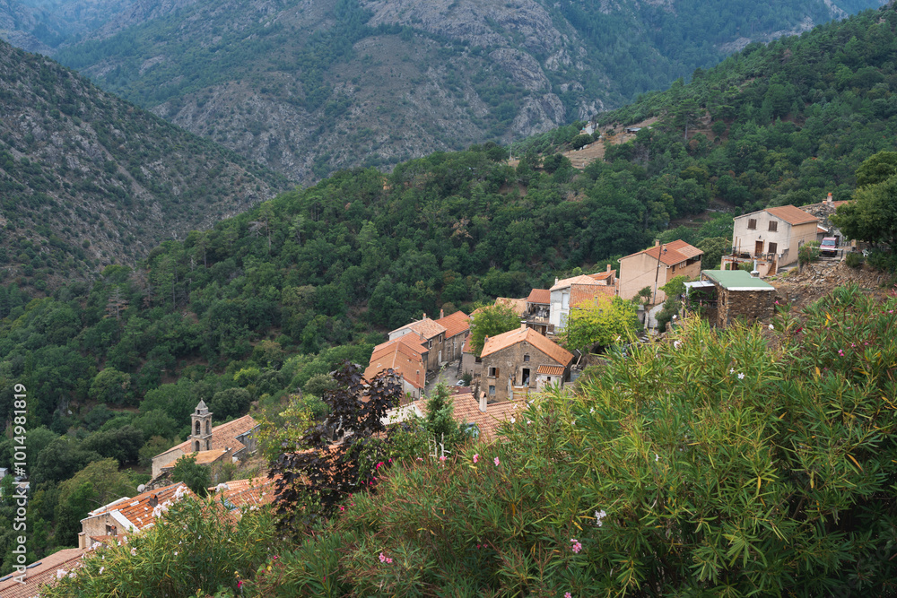 Scenic view of Asco village and Asco valley in Corsica; high mountains and forests surrounding a small village which is a popular tourist destination Scenic view of Asco village and Asco valley in Corsica; high mountains and forests surrounding a small village which is a popular tourist destination