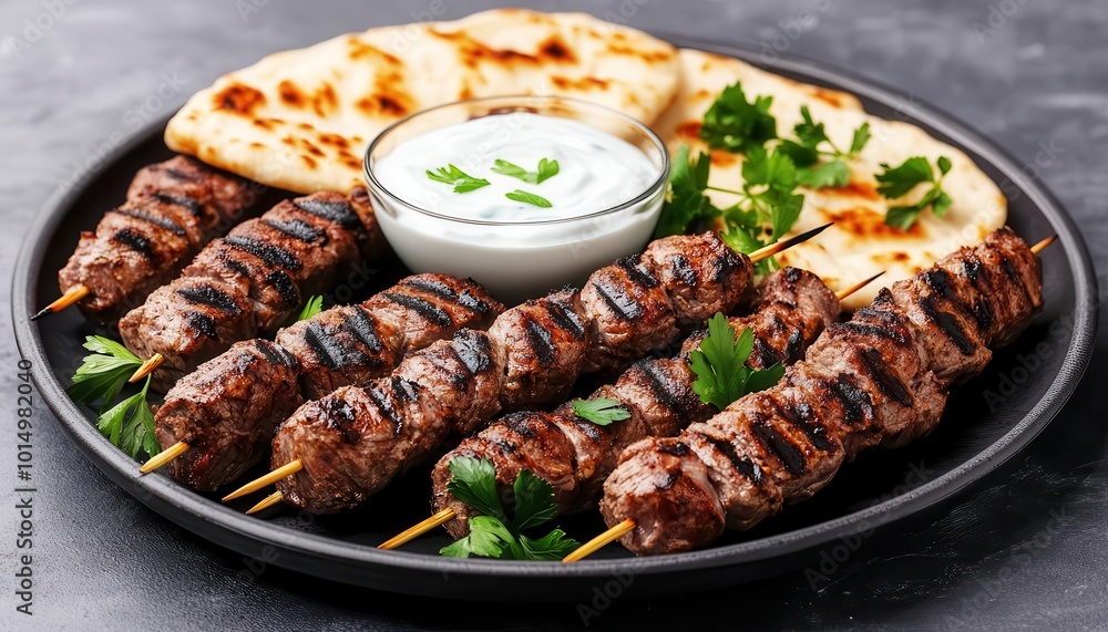 A platter of grilled lamb kebabs served with yogurt sauce and flatbread, grilled lamb kebabs, Mediterranean barbecue A platter of grilled lamb kebabs served with yogurt sauce and flatbread, grilled lamb kebabs, Mediterranean barbecue