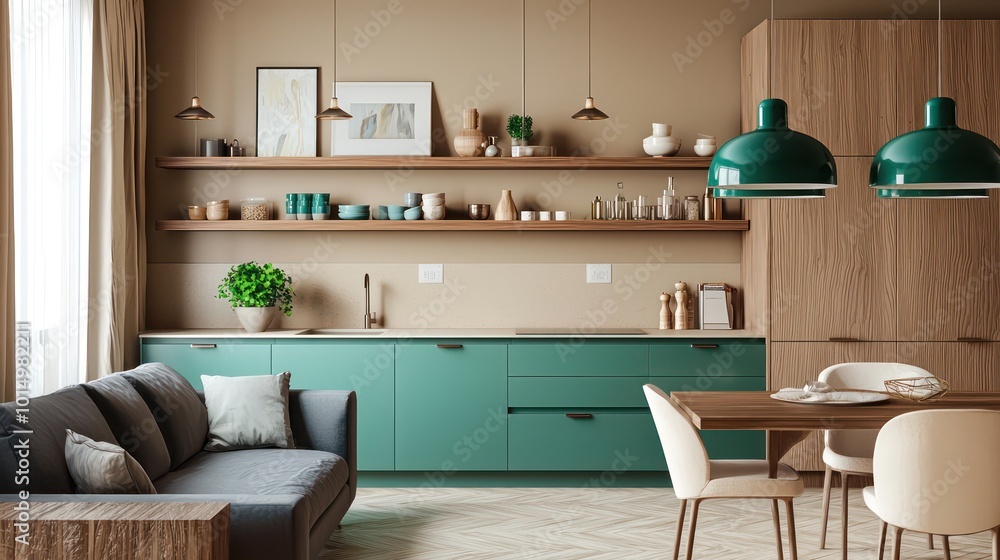 Obraz premium Sleek space with aquamarine kitchen cabinets, wooden art shelves, tan walls, emerald pendant lights, charcoal sofa, and ivory dining chairs