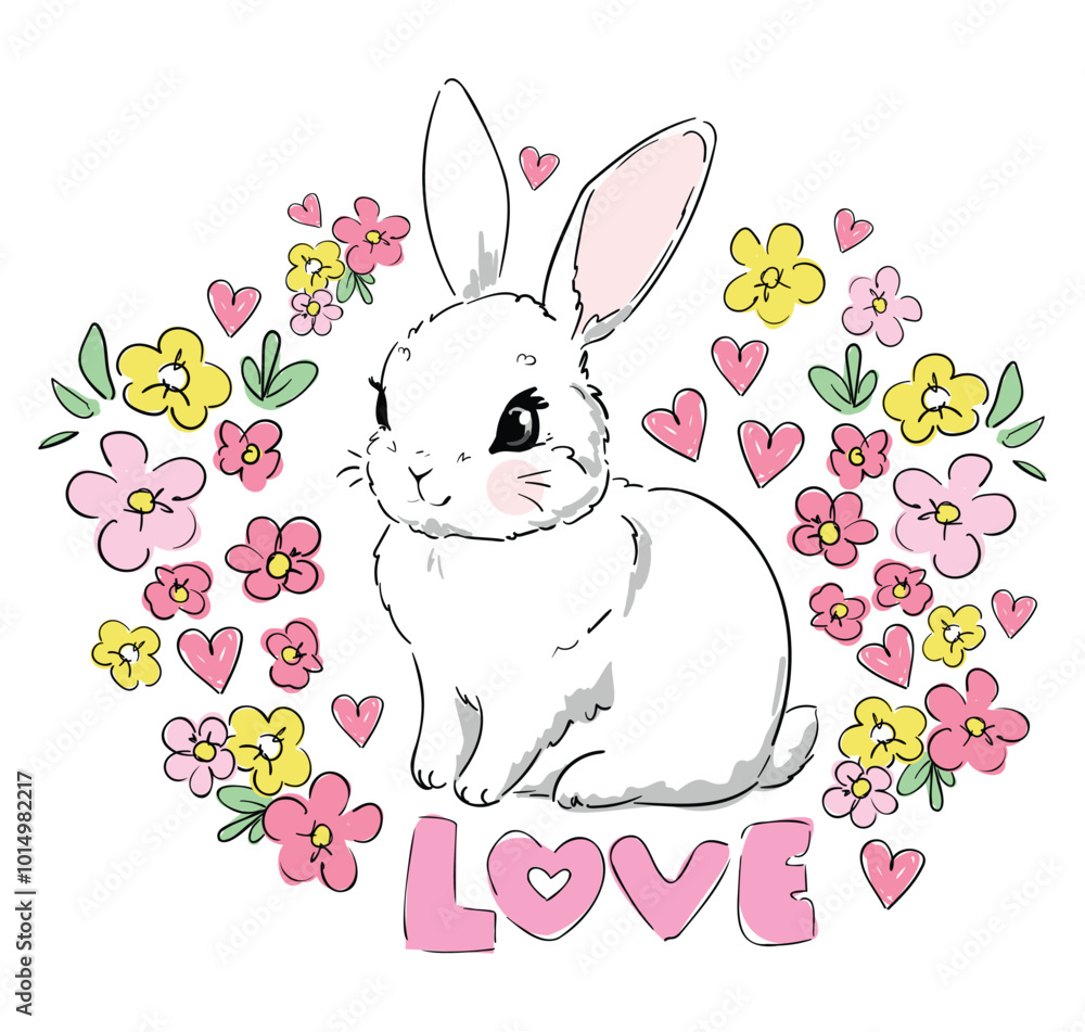 Hand Drawn Cute Bunny, print design rabbit, children print on t-shirt. Hand Drawn Cute Bunny, print design rabbit, children print on t-shirt.