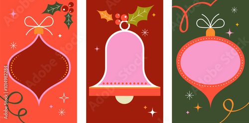 Christmas cards, frames in modern minimalist geometric style. Merry Christmas colorful illustration in flat cartoon style. Xmas backgrounds with patterns, stars