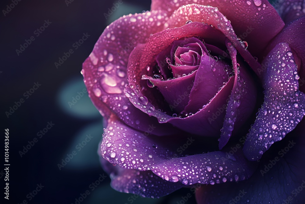 Close-Up of a Deep Purple Rose with Dewdrops Close-Up of a Deep Purple Rose with Dewdrops