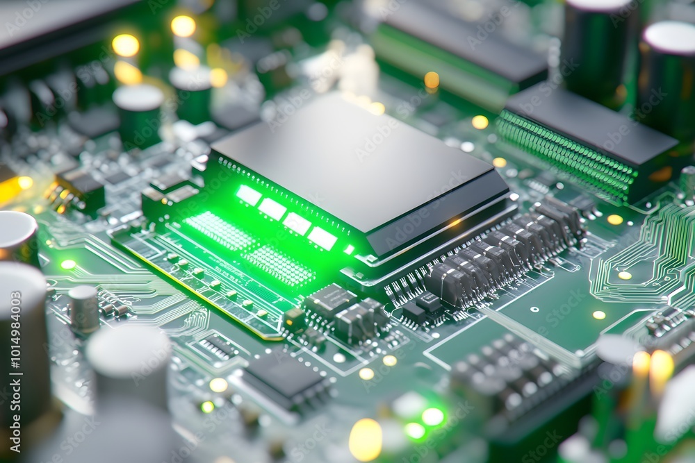 A close-up of the green light on a graphics card's interior, showing detailed circuitry and components A close-up of the green light on a graphics card's interior, showing detailed circuitry and components