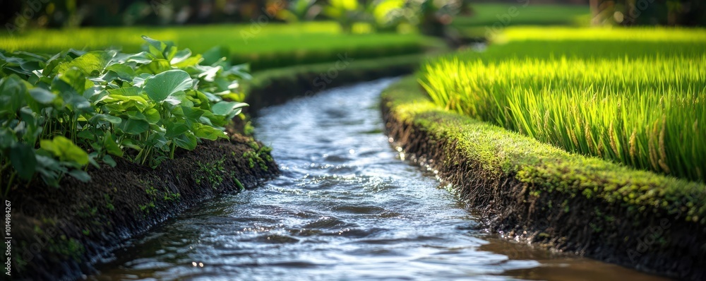 Serene landscape featuring a winding stream surrounded by lush green fields and vibrant rice paddies under soft sunlight. Serene landscape featuring a winding stream surrounded by lush green fields and vibrant rice paddies under soft sunlight.