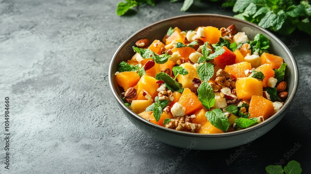 Delectable fruit salad in a bowl with fresh mint, almonds, and a grey table. Room for text Delectable fruit salad in a bowl with fresh mint, almonds, and a grey table. Room for text