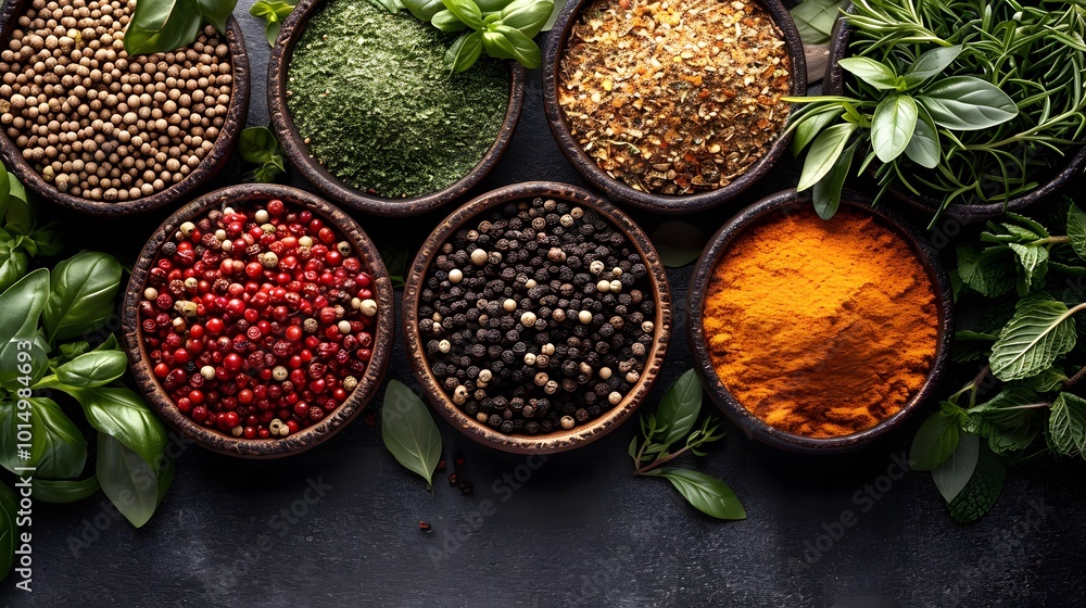 Assortment of Spices and Herbs in Wooden Bowls on a Dark Background Assortment of Spices and Herbs in Wooden Bowls on a Dark Background