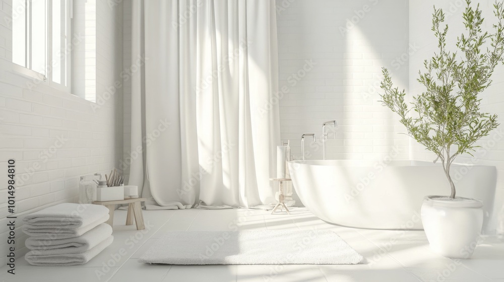 A white bathtub sits in a bright bathroom, bathed in sunlight streaming through the window. White towels are folded on a small wooden table and a potted green plant rests by the bathtub. A white bathtub sits in a bright bathroom, bathed in sunlight streaming through the window. White towels are folded on a small wooden table and a potted green plant rests by the bathtub.
