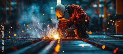 A welder in a factory welding metal with sparks flying.