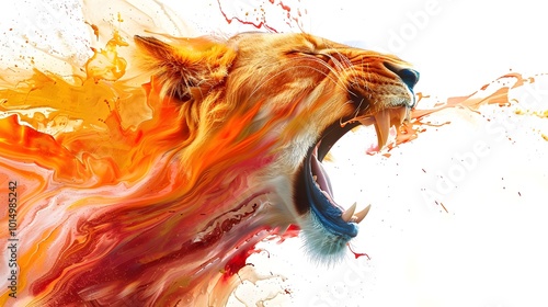A roaring female lion emerges from vibrant splashes of color against a white backdrop, capturing the essence of power and majesty in a stunning artistic interpretation
