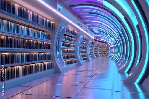 Library with towering bookshelves filled with holographic books, set in an otherworldly space station interior. 