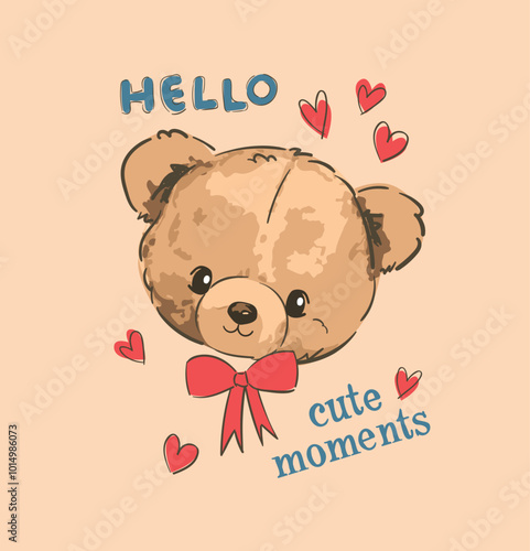Cute teddy bear and red bow vector hand drawn illustration cute print design for kids 