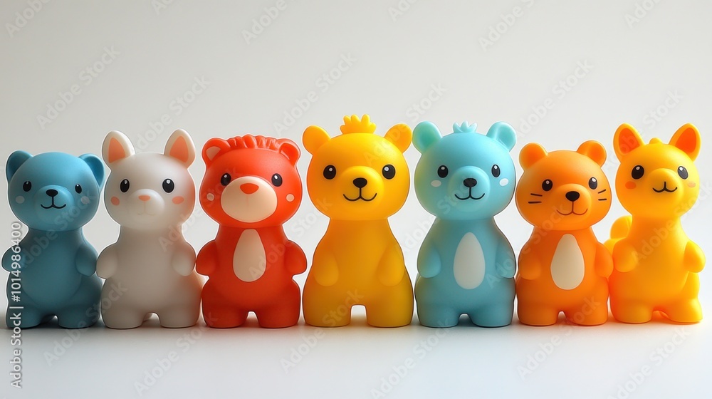 Colorful animal figurines lined up on a white background. Colorful animal figurines lined up on a white background.