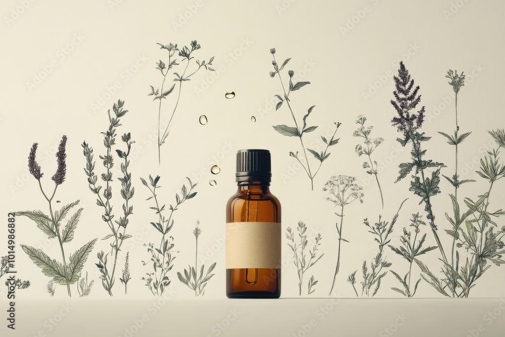 A minimalist setup featuring a bottle of essential oil, with a few drops floating in the air, surrounded by gentle botanical illustrations of herbs, flowers, and plants A minimalist setup featuring a bottle of essential oil, with a few drops floating in the air, surrounded by gentle botanical illustrations of herbs, flowers, and plants