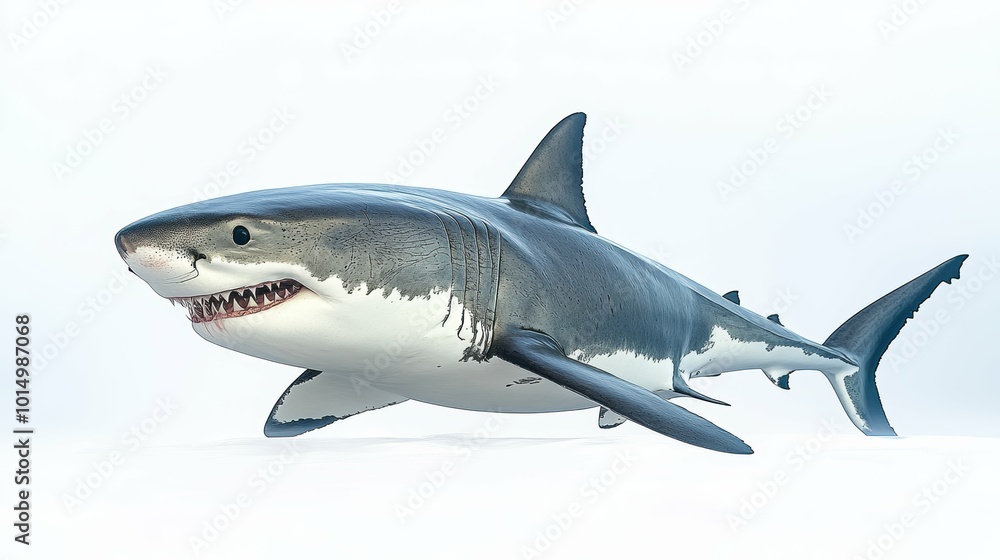 Naklejka premium An imposing great white shark with strong lines and a sleek design, set against a white background