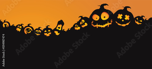 halloween sunset banner with lot of pumpkins