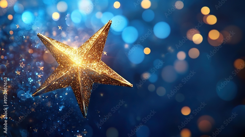 Golden star on a vibrant blue background with swirling lights, perfect for award ceremonies and celebratory events Golden star on a vibrant blue background with swirling lights, perfect for award ceremonies and celebratory events