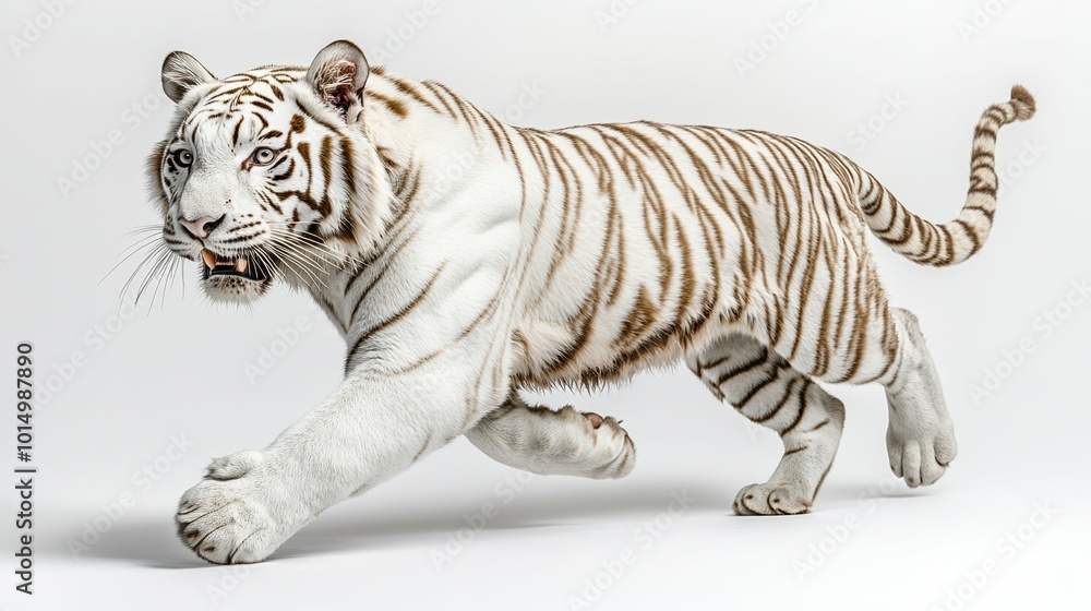 Obraz premium A commanding white tiger in a dynamic pose, its power emphasized against a white background