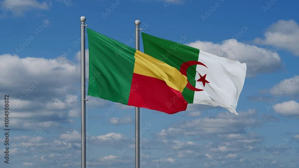 Algeria and Benin flags flying together, video concept of the relationship, two country relations concept Algeria and Benin flags flying together, video concept of the relationship, two country relations concept