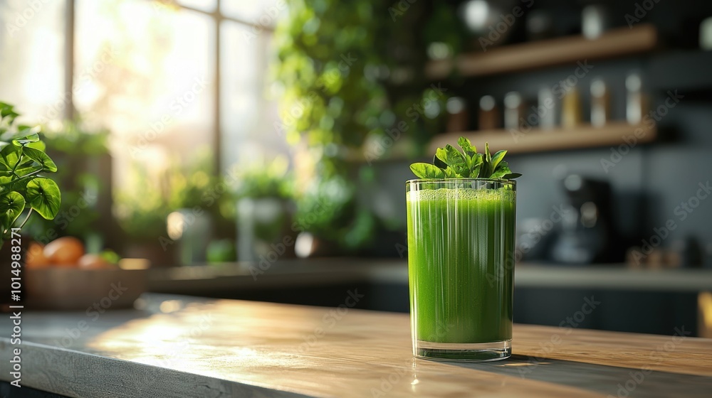 Smooth green juice with a blurred clean kitchen background Smooth green juice with a blurred clean kitchen background