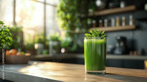 Smooth green juice with a blurred clean kitchen background photo