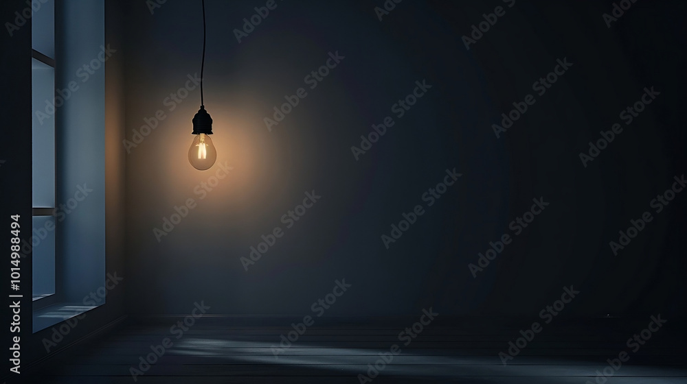 Dark empty room with single flickering light bulb casting long shadows, emphasizing absence of power and eerie atmosphere, minimalist setting with focus on light bulb's glow Dark empty room with single flickering light bulb casting long shadows, emphasizing absence of power and eerie atmosphere, minimalist setting with focus on light bulb's glow