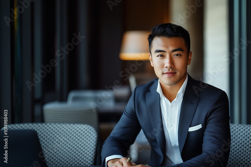 Asian businessman, dressed in a sleek, tailored suit, exudes professionalism and confidence.