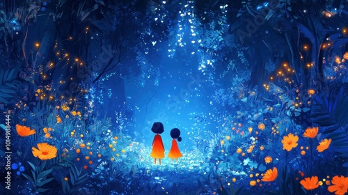 Sami friends engaged in a game of hide-and-seek in a lush, blue-hued forest, the vibrant background complementing the characters' playful antics