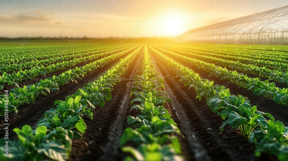 Vibrant agricultural field under sunlight, showcasing lush green crops and a greenhouse in the background. Vibrant agricultural field under sunlight, showcasing lush green crops and a greenhouse in the background.