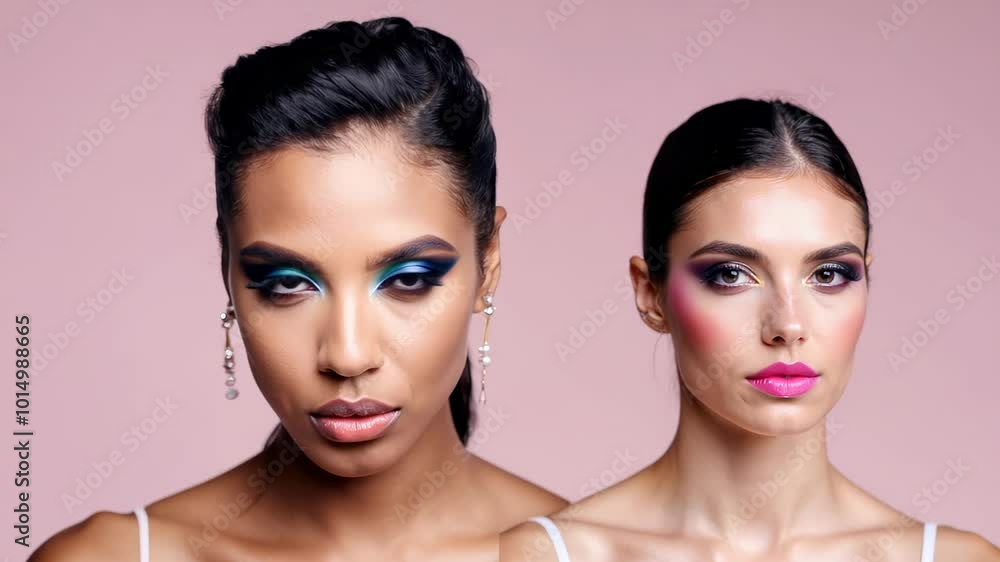 Two women with bold makeup, one with blue eye shadow and the other with pink lipstick, posing confidently against a soft pink background