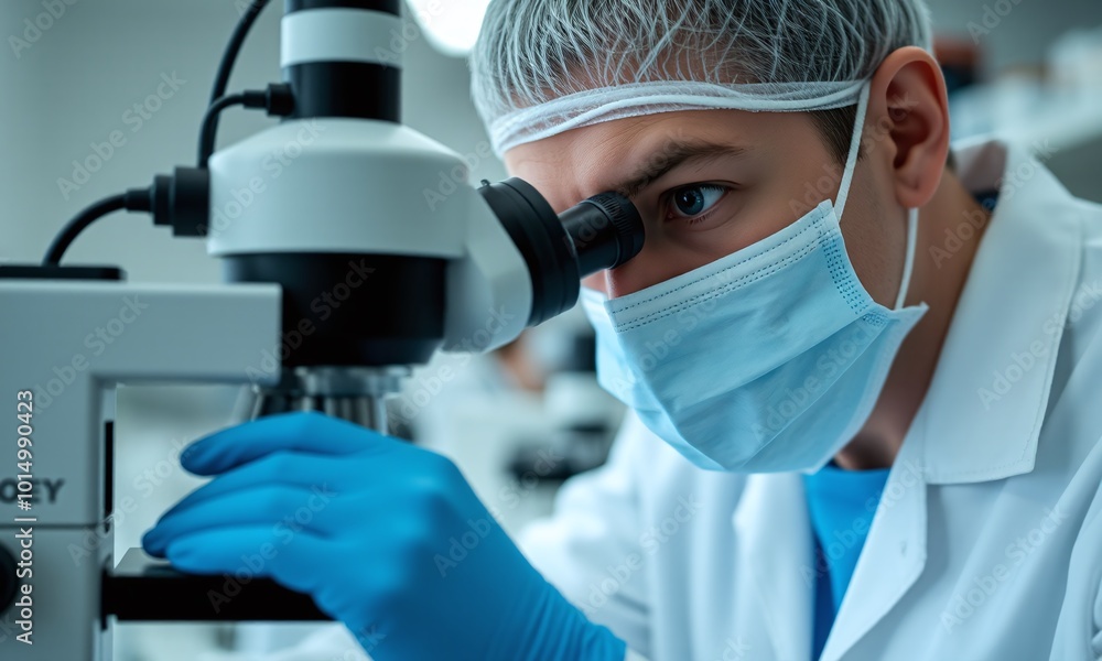 Medical researcher, microscope, laboratory, face mask Medical researcher, microscope, laboratory, face mask