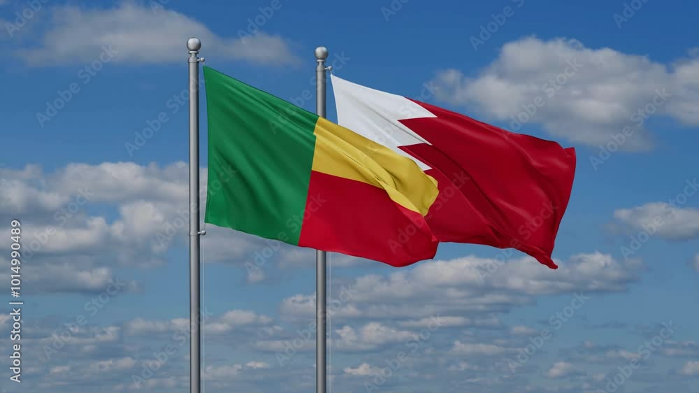 Bahrain and Benin flags flying together, video concept of the relationship, two country relations concept Bahrain and Benin flags flying together, video concept of the relationship, two country relations concept