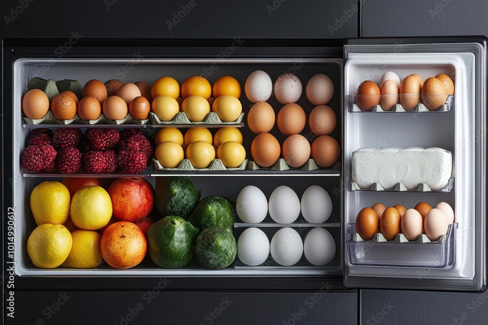 Wideangle shot of refrigerator filled with eggs, fruits, and dairy, cold lighting, condensation on packaging, vibrant grocery colors, ultrarealistic food storage arrangement Wideangle shot of refrigerator filled with eggs, fruits, and dairy, cold lighting, condensation on packaging, vibrant grocery colors, ultrarealistic food storage arrangement