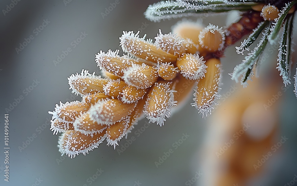 Naklejka premium Frost-covered pine buds highlight winter’s intricate beauty