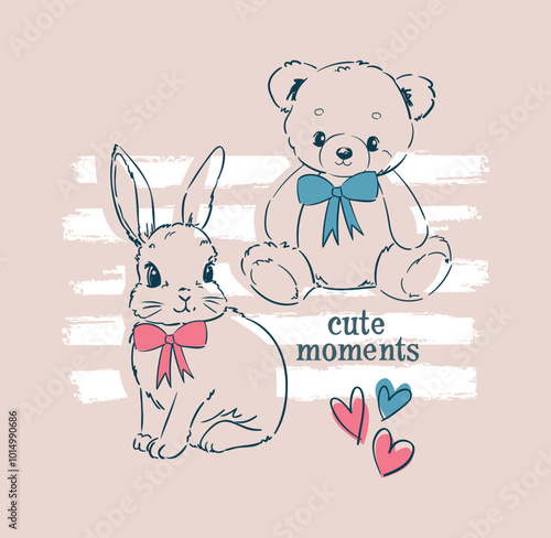 hand drawn cute bunny with teddy bear vector illustration trend design for t shirt printing, graphic design, kids wear, girls clothes, poster, nursery 