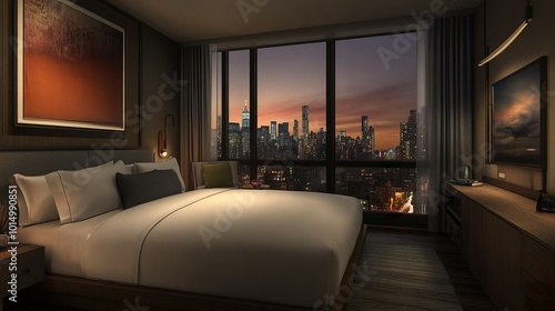 Cozy, modern hotel room with a king-sized bed, large windows, and a city skyline view at dusk photo