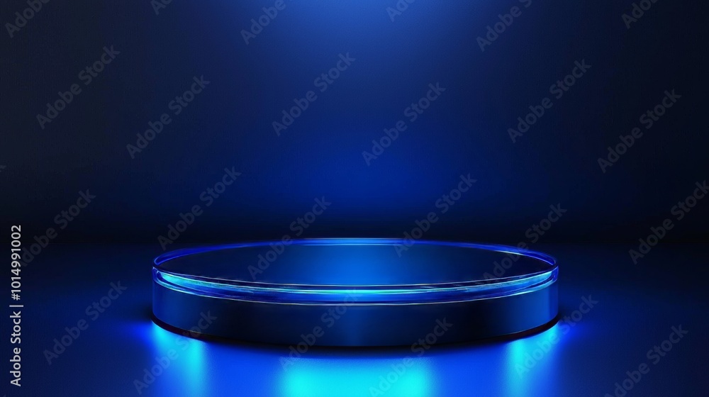 futuristic dark blue glass round podium in the center, blue light glossy circles lines in the background, hyper realistic, minimalistic, dark blue background, futuristic dark blue glass round podium in the center, blue light glossy circles lines in the background, hyper realistic, minimalistic, dark blue background,