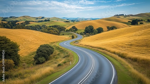 Winding road through golden fields and green hills under a clear blue sky, offering a picturesque view of rural scenery.