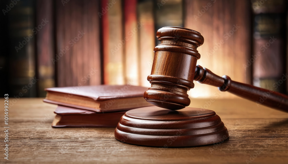 A wooden gavel sits on a wooden base in front of a stack of books A wooden gavel sits on a wooden base in front of a stack of books