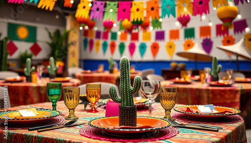 Vibrant and festive Mexican-themed party table adorned with colorful tableware, decorative lanterns, and cacti centerpieces. Perfect for celebrations and festive gatherings, creating an inviting and l