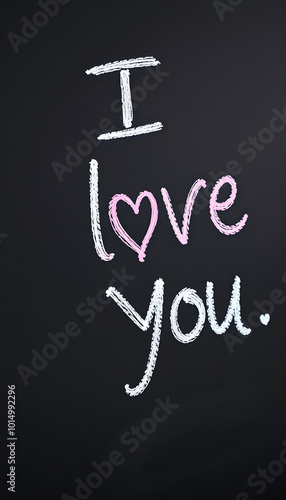 I love you written on chalkboard, close-up isolated with white highlights, png photo