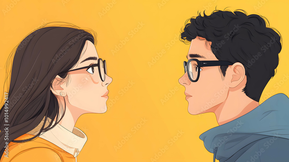 Mutual understanding and empathy concept. Illustration of two individuals in close-up, with one showing a high level of attentiveness through body language and expressions. Mutual understanding and empathy concept. Illustration of two individuals in close-up, with one showing a high level of attentiveness through body language and expressions.