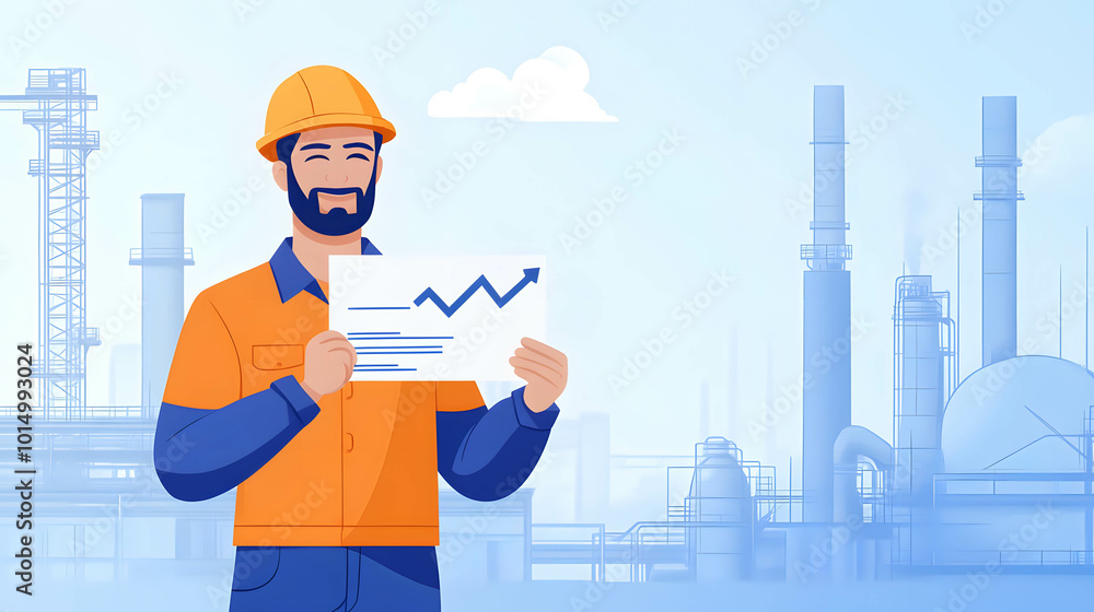 Wage increases for employees and labor concept. A worker and a rising arrow symbol, with a factory scene in the background. Wage increases for employees and labor concept. A worker and a rising arrow symbol, with a factory scene in the background.
